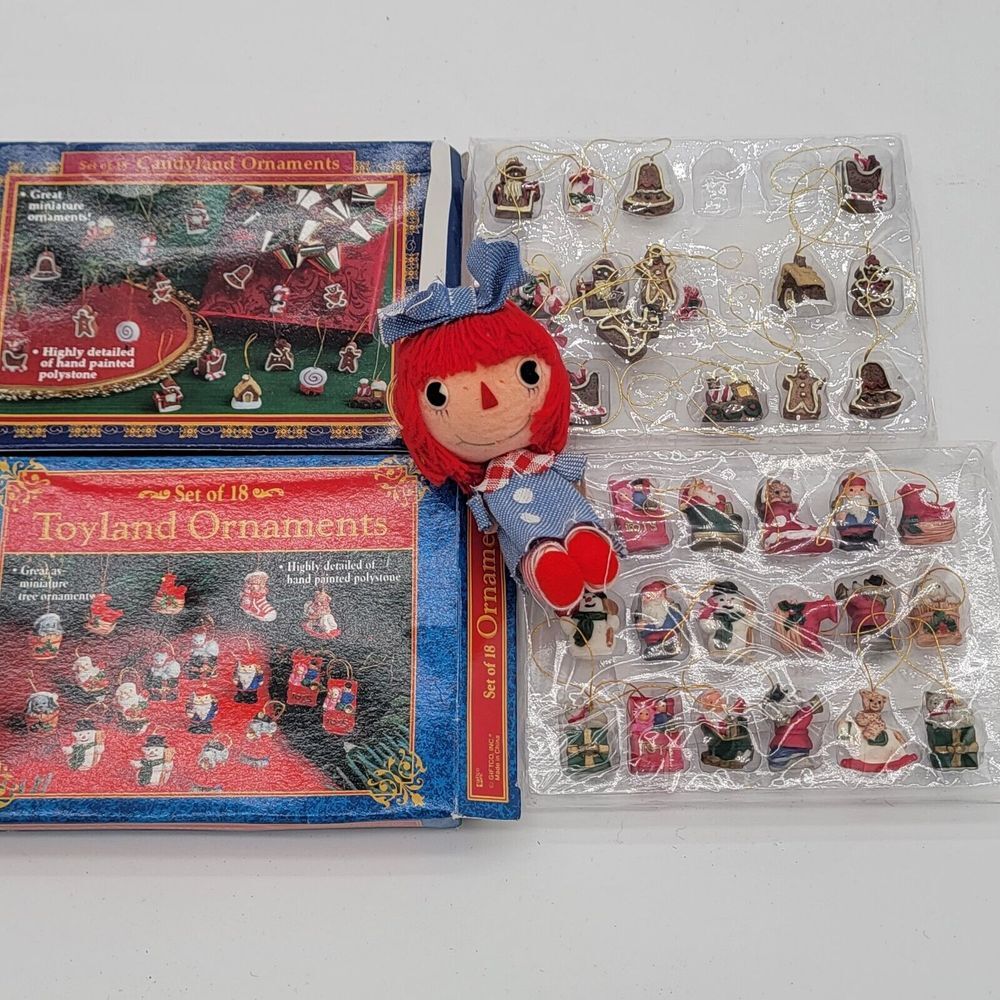Vintage Candyland & Toyland Miniture Ornaments 2 pk & Bonus Raggedy Ann Ornament